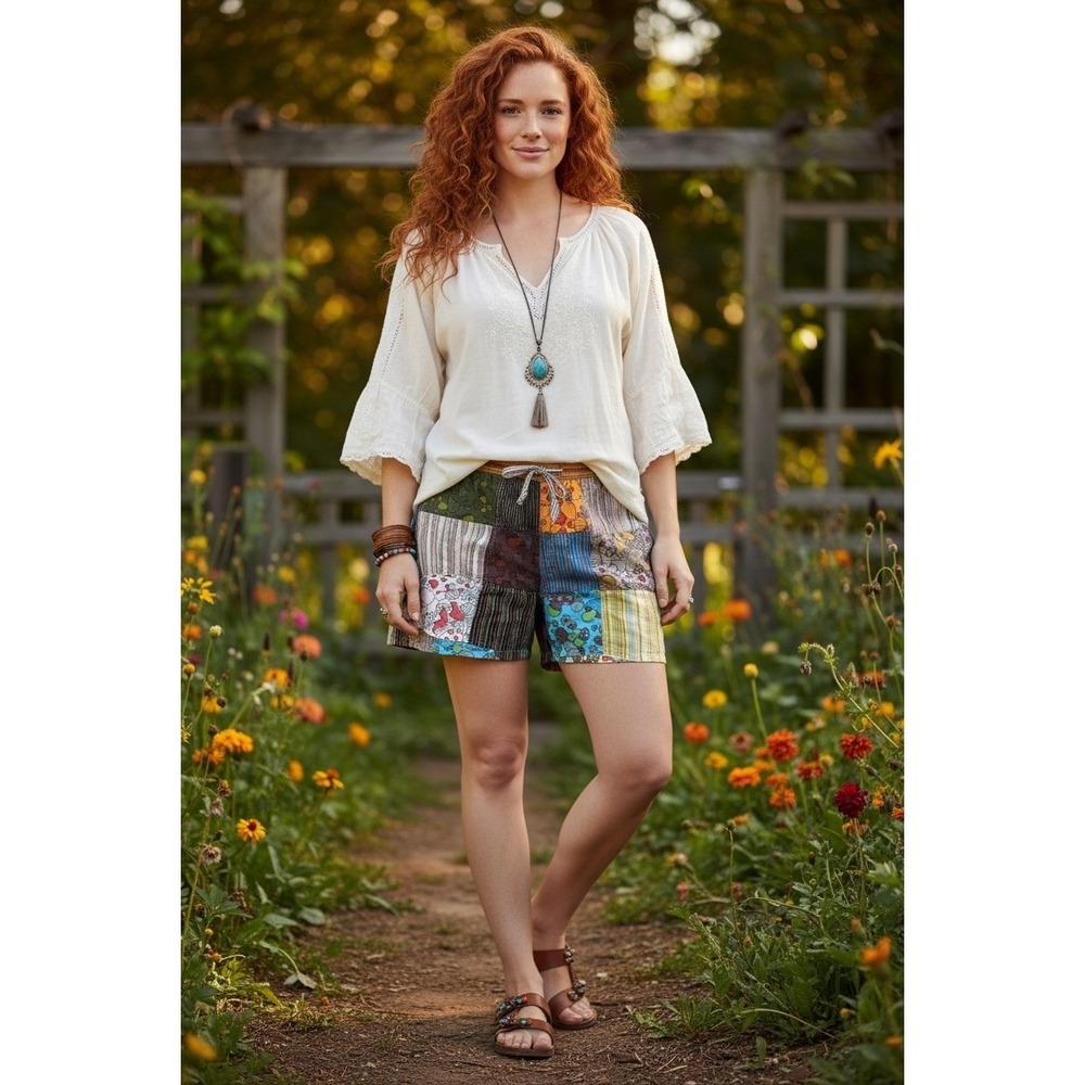 Ragstock Unisex Patchwork Cargo Shorts M Multi Bohemian Festival‎ boho pull on
